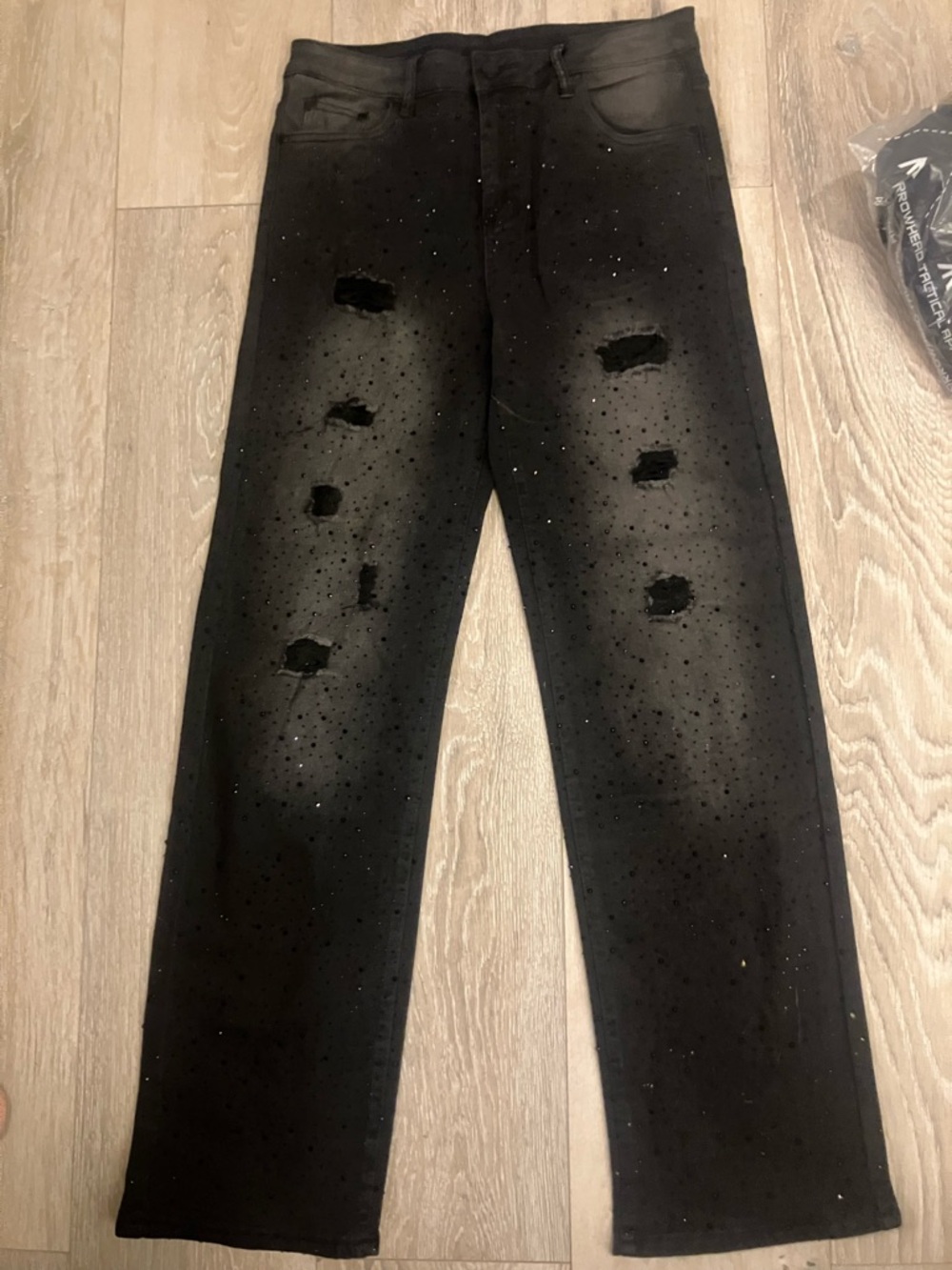 Black Distressed Boot Cut Jeans with Rhinestone Detail